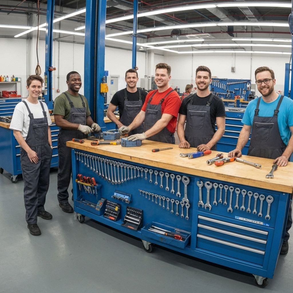 Mechanics at work in a workshop